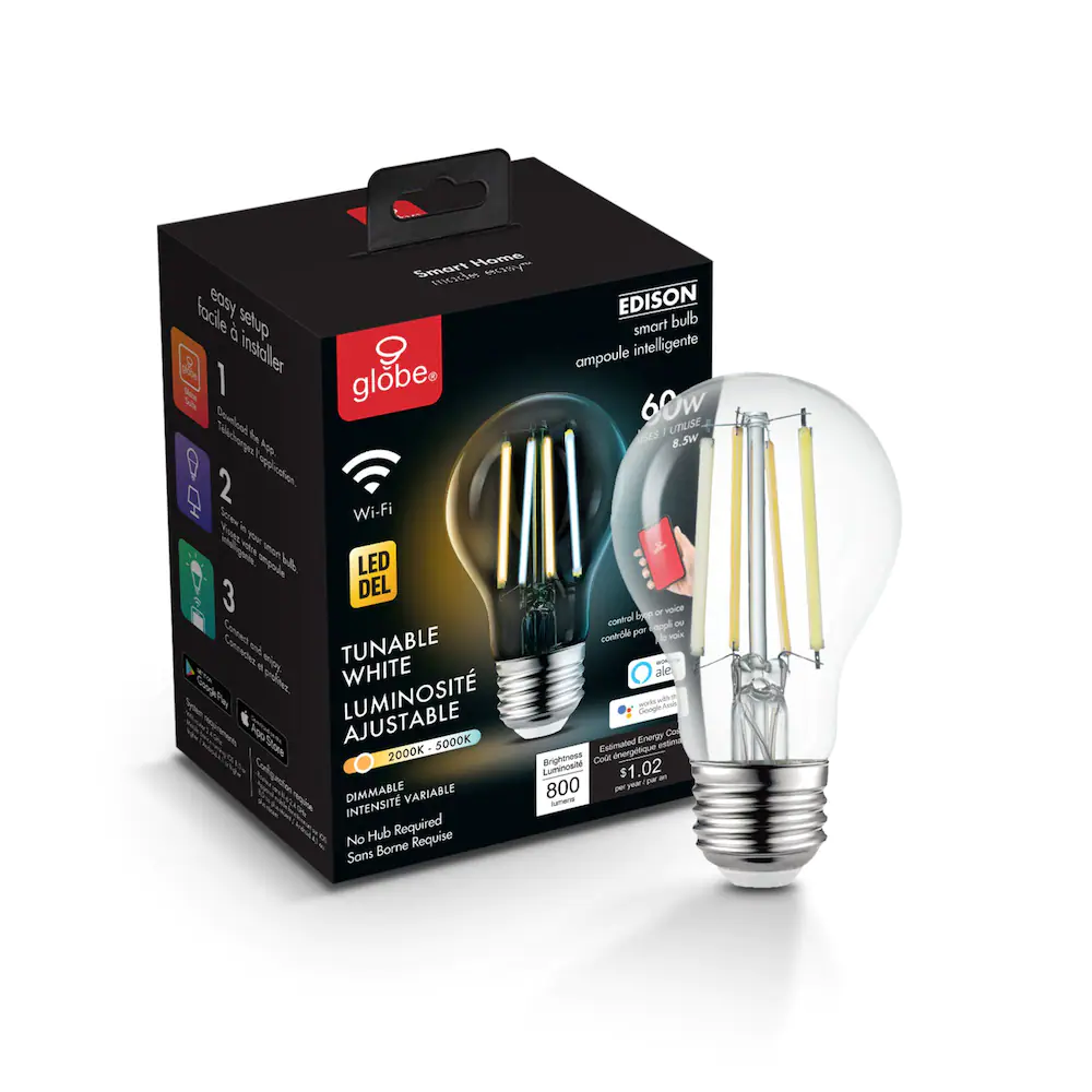 Globe Électrique - Ampoule intelligente Wi-Fi A19 avec filaments visibles à DEL à intensité variable, blanche Globe Electric