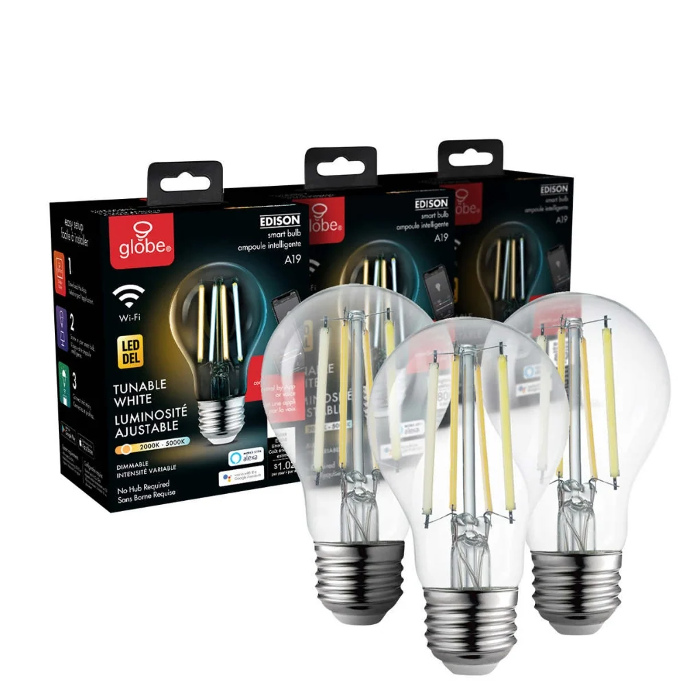 Globe Électrique - Ampoule intelligente Wi-Fi A19 avec filaments visibles à DEL à intensité variable, blanche Globe Electric