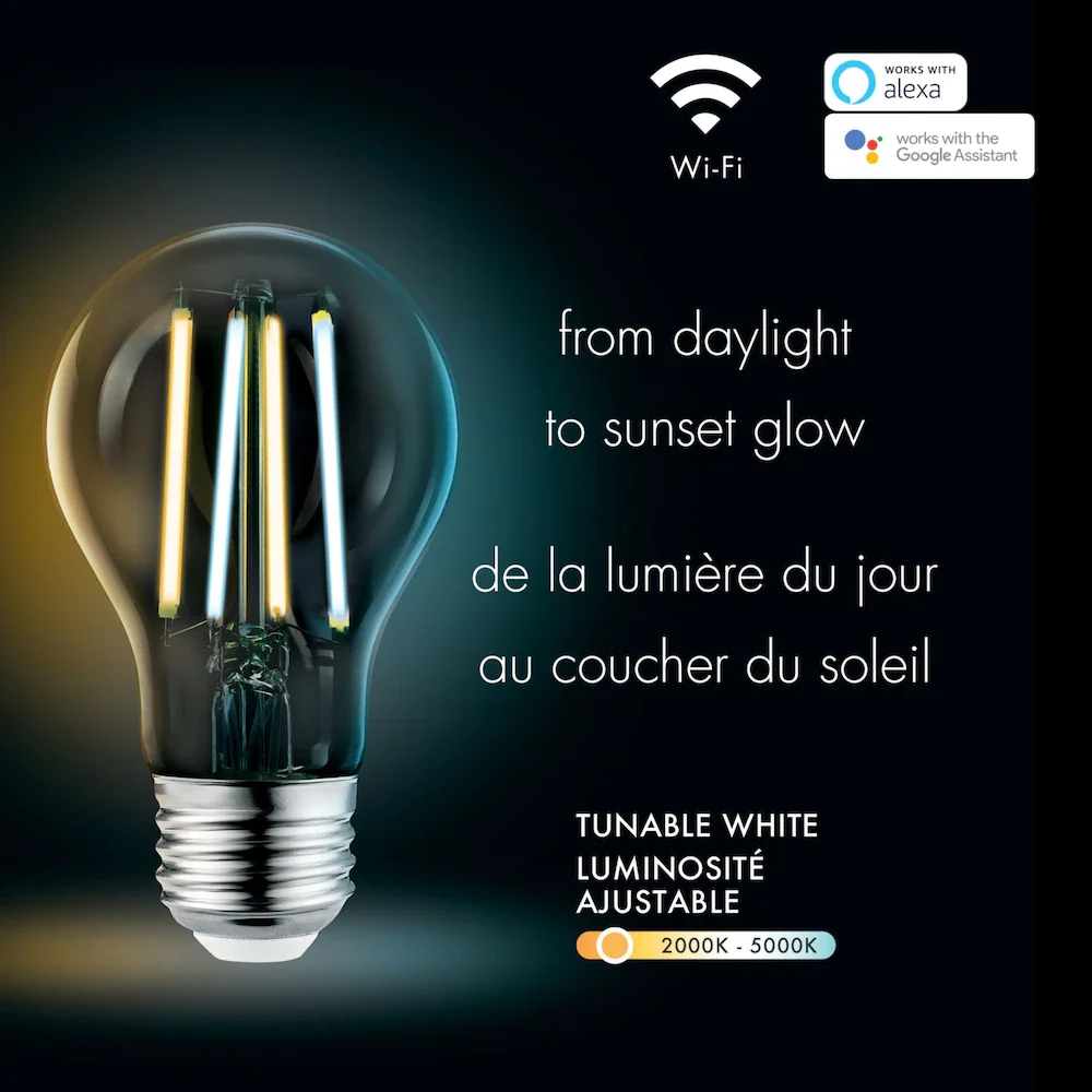 Globe Électrique - Ampoule intelligente Wi-Fi A19 avec filaments visibles à DEL à intensité variable, blanche Globe Electric