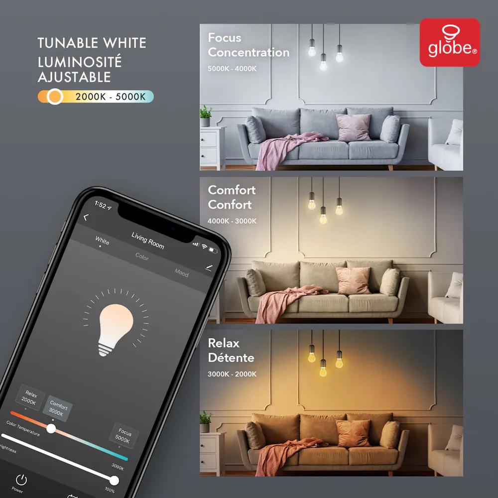 Globe Électrique - Ampoule intelligente Wi-Fi A19 avec filaments visibles à DEL à intensité variable, blanche Globe Electric