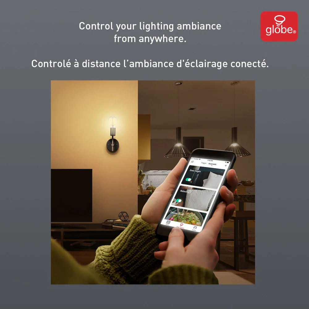 Globe Électrique - Ampoule intelligente Wi-Fi A19 avec filaments visibles à DEL à intensité variable, blanche Globe Electric