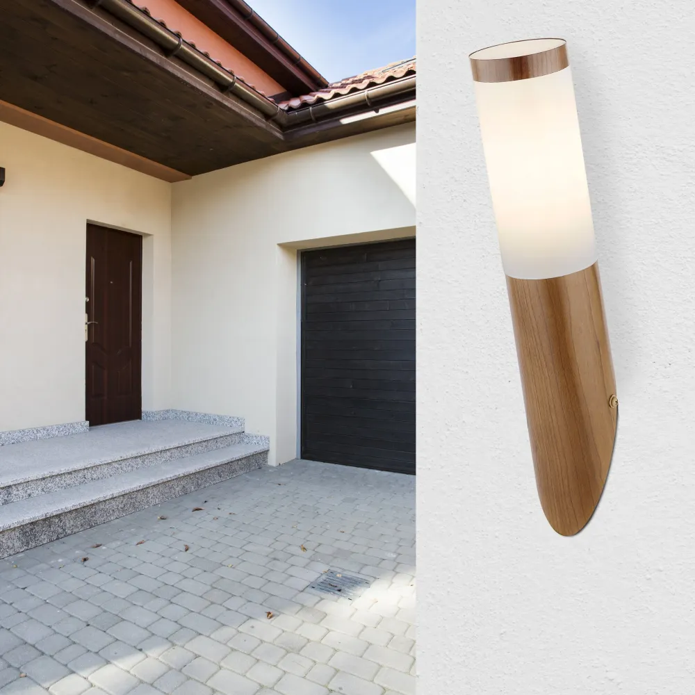 Applique murale extérieure Globo Lighting Boston en acier inoxydable et bois clair E27