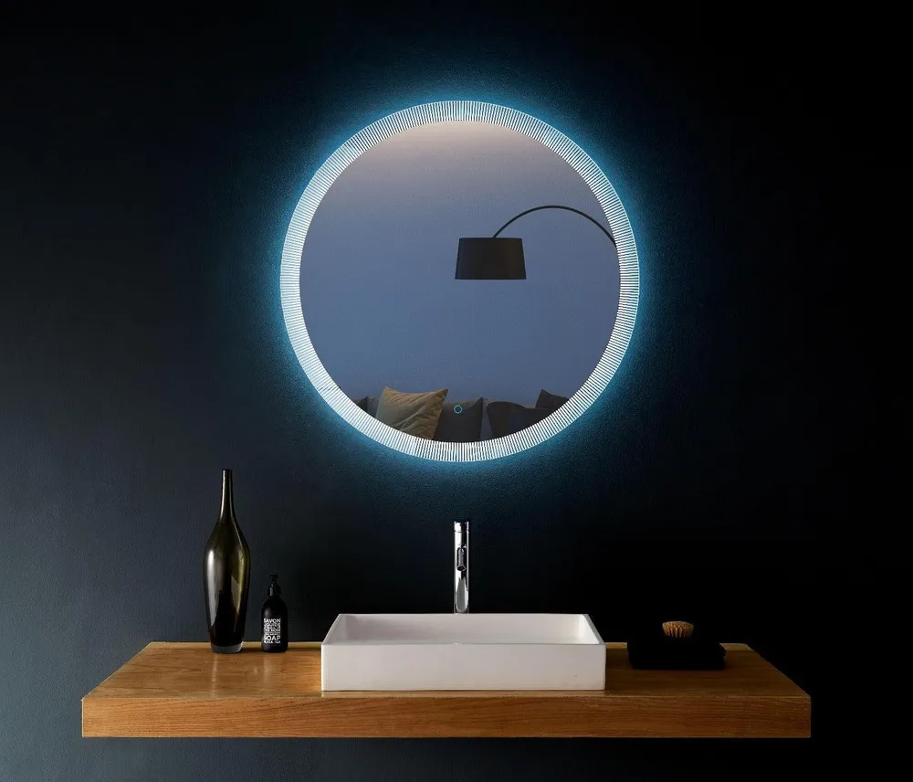 Miroir DEL Rond 28po avec Éclairage Halo Bord Givré Golden Elite Deco