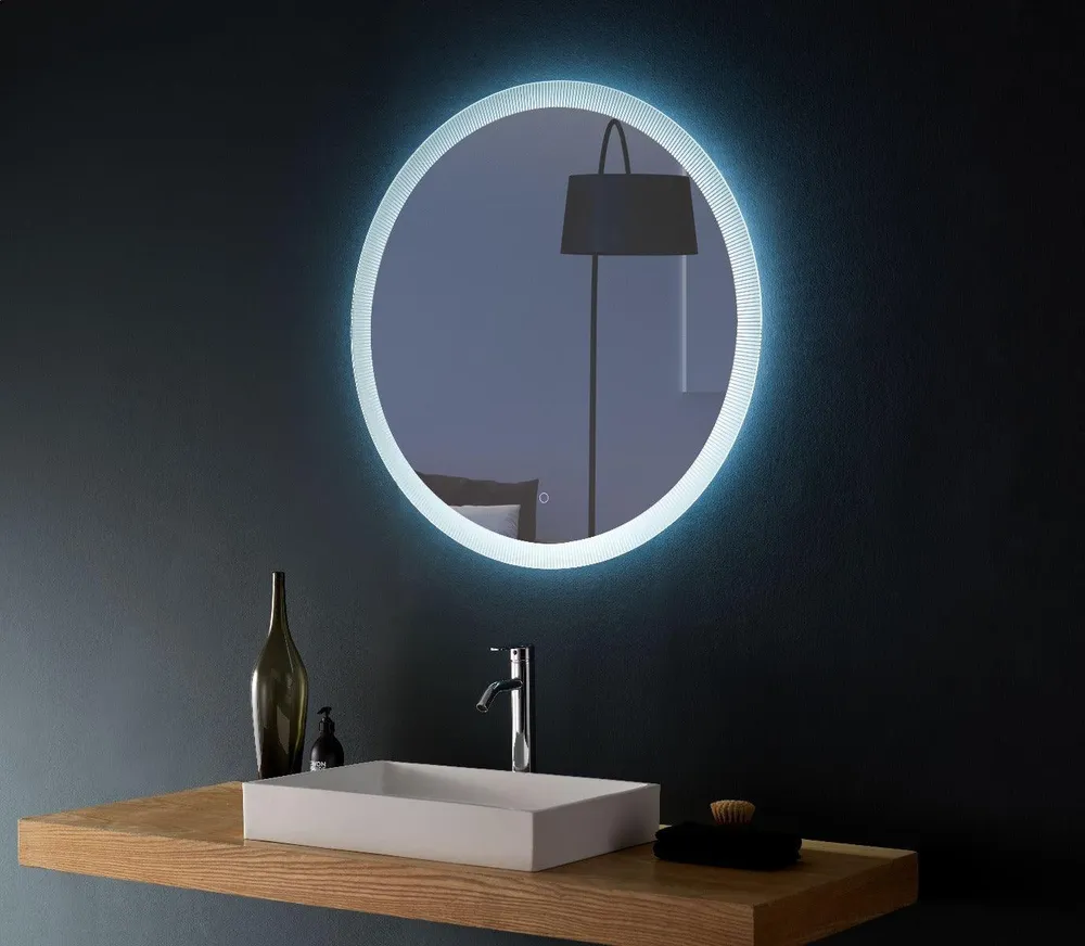 Miroir DEL Rond 28po avec Éclairage Halo Bord Givré Golden Elite Deco