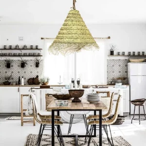 Grande suspension luminaire en fibre de palmier tressée avec franges, Alfa, abat jour marocain, tendance nature, suspensio...