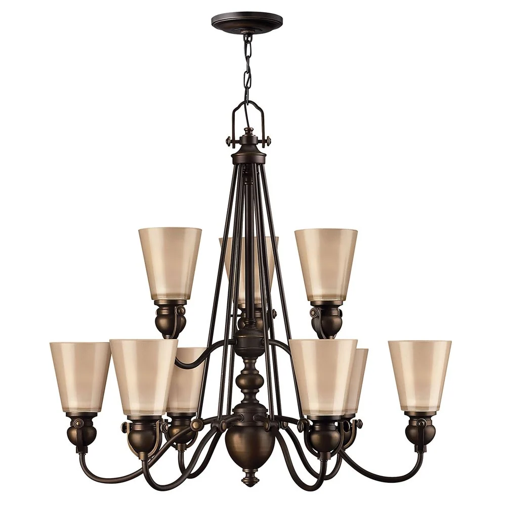 Lustre Hinkley Mayflower 9L en acier doux, verre ambré dépoli E27