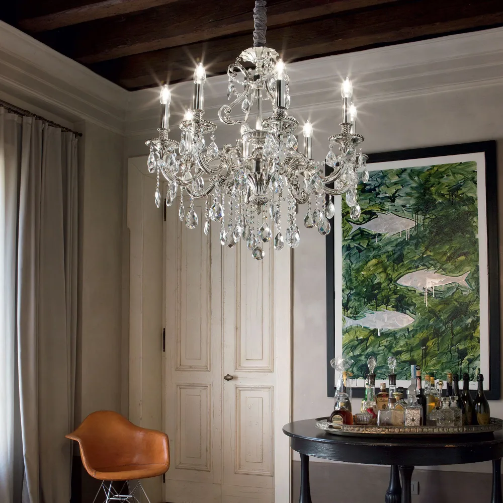 Lámpara colgante Ideal Lux Gioconda plata cristal y cerámica 6 luces 240W Ø62cm 044927