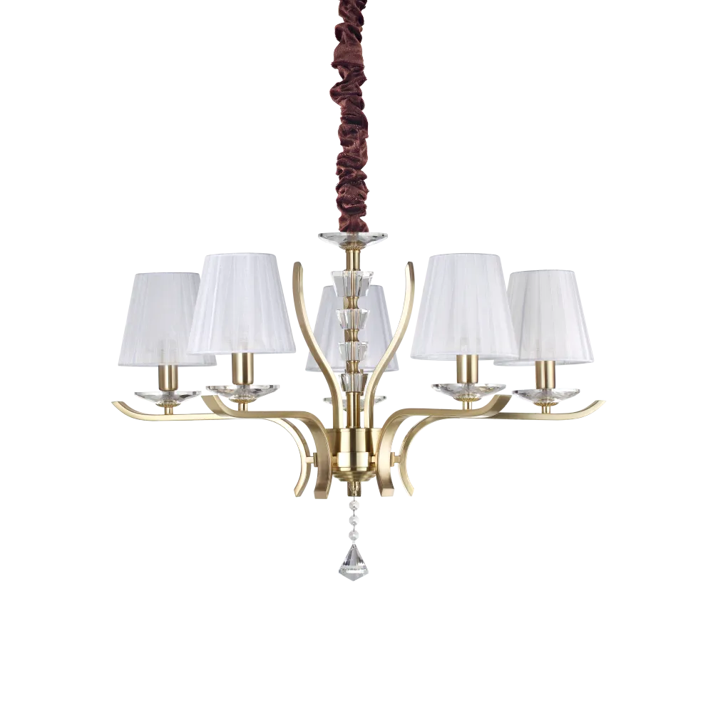 Lámpara colgante Ideal Lux Pegaso latón cristal y tela 5 luces 140W Ø72cm 197722
