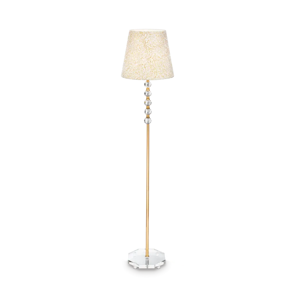 Lámpara de pie Ideal Lux Queen dorado cristal y tela 60W 157,5cm 077765