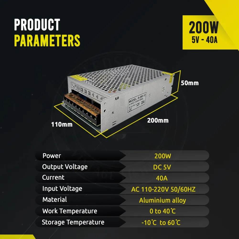 IP20 Transformateur de commutation LED Driver DC 5V 200W 40A ~1844