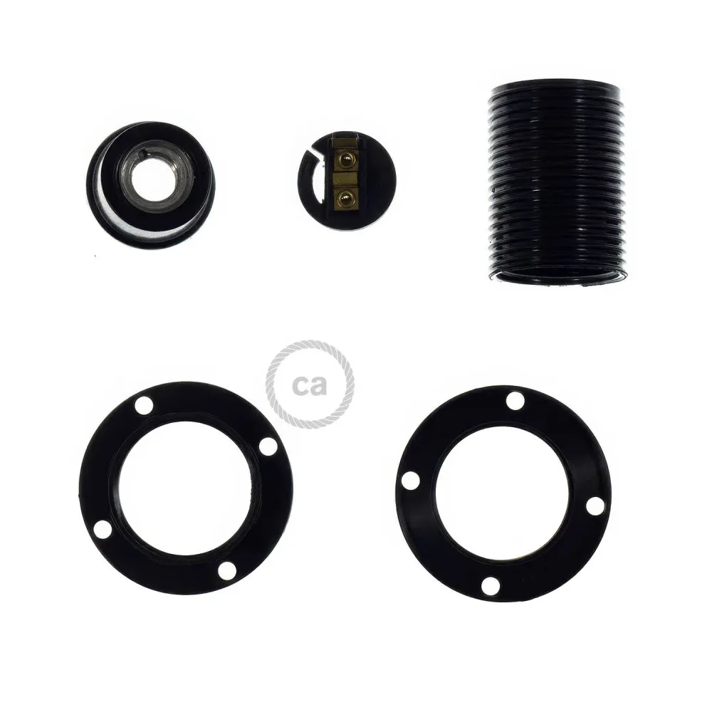 Kit douille E14 en bakélite avec double bague pour abat-jour - Noir