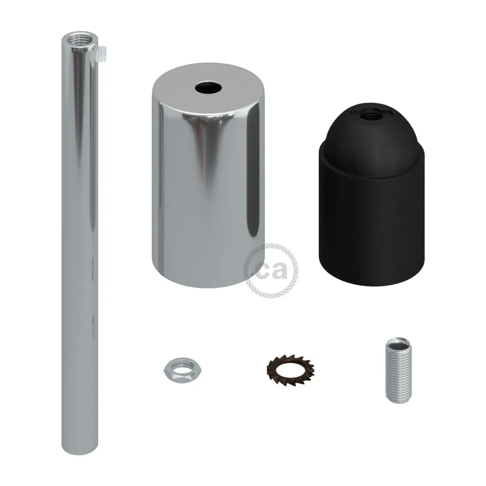 Kit douille E27 cylindrique en métal avec serre-câble de 15 cm - Chrome
