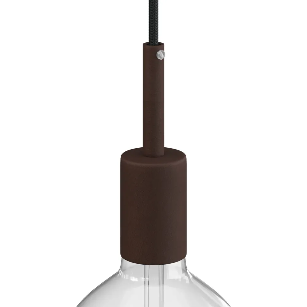 Kit douille E27 cylindrique en métal avec serre-câble de 7 cm - Rouille foncée peinte