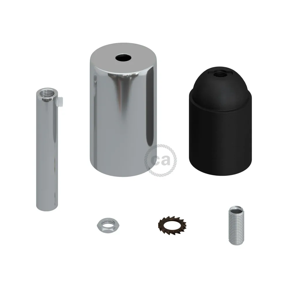 Kit douille E27 cylindrique en métal avec serre-câble de 7 cm - Chrome