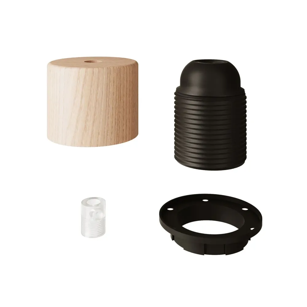 Kit douille E27 fileté cylindrique en bois avec serre-câble pour abat-jour - Neutre