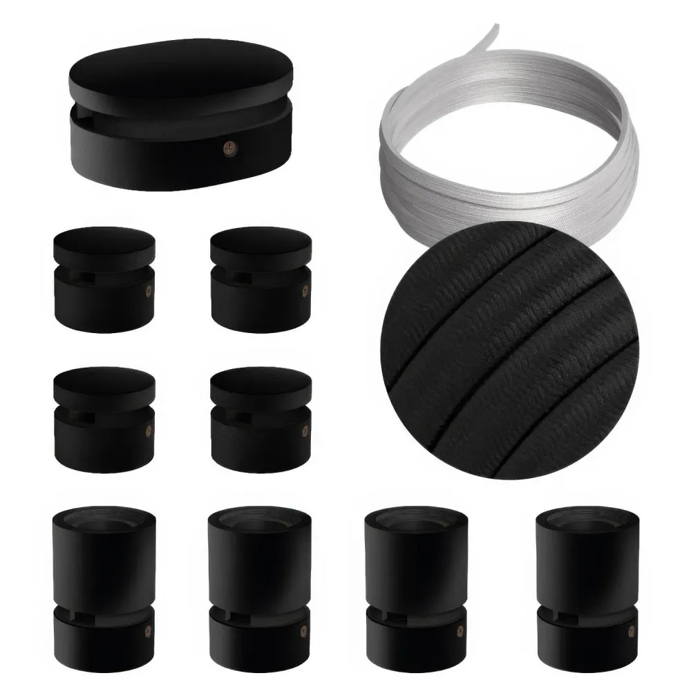 Kit Système Filé Symmetric - avec câble CM04 de 5 m pour guirlande lumineuse et 9 composants en bois peint noir pour intér...