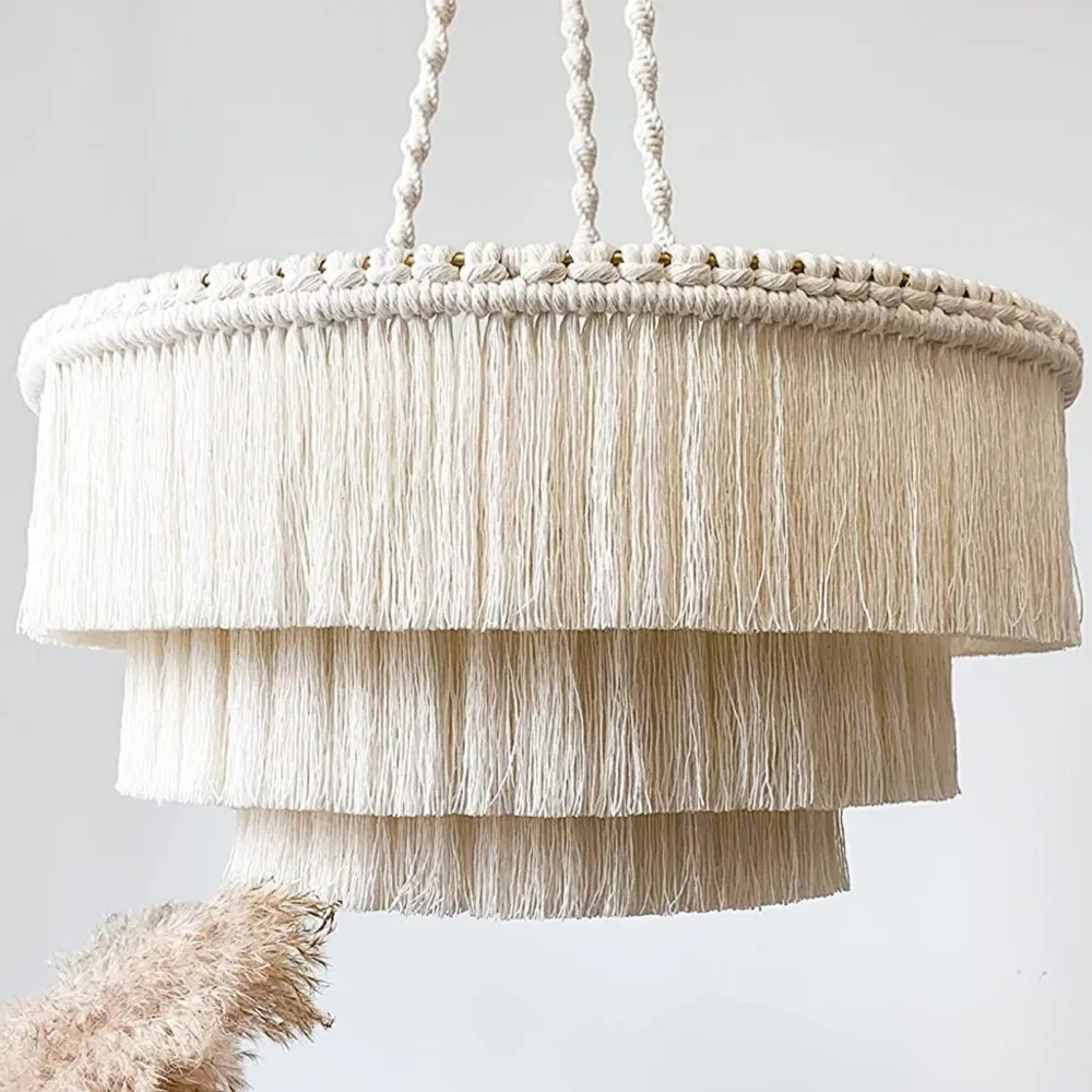 LAGOM Lustre bohème à 3 lumières à franges fait à la main, plafonnier bohème à franges en coton, 58,4 cm de large, couleur...