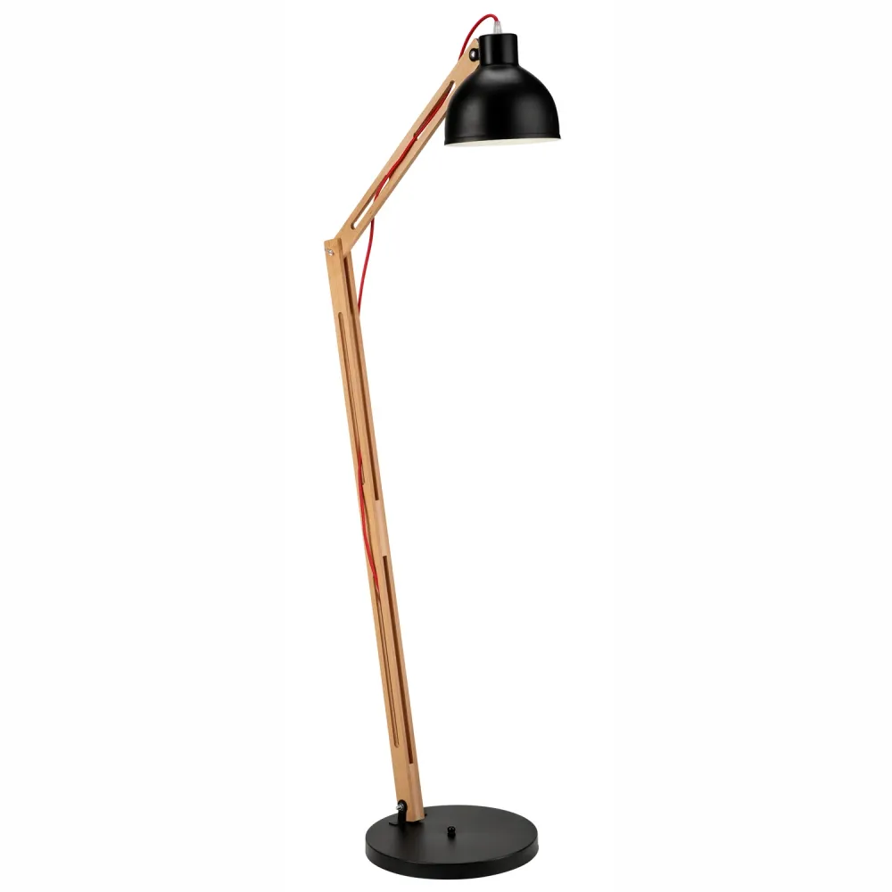 Lampadaire Lamkur Marcello en acier et bois clair, douille E27, hauteur 147 cm Black