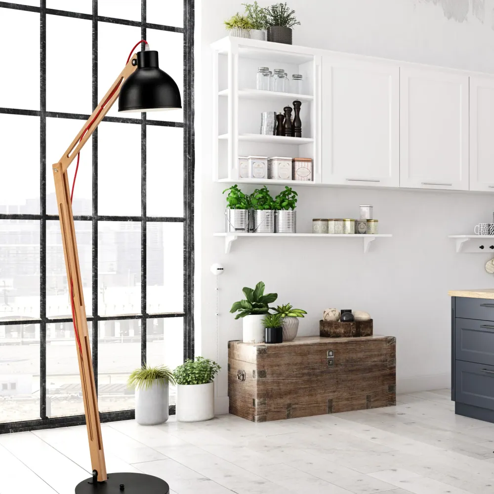 Lampadaire Lamkur Marcello en acier et bois clair, douille E27, hauteur 147 cm Black