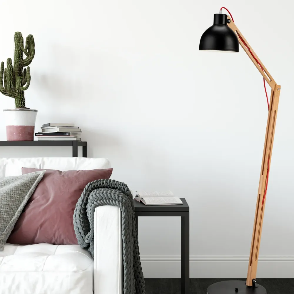 Lampadaire Lamkur Marcello en acier et bois clair, douille E27, hauteur 147 cm Black