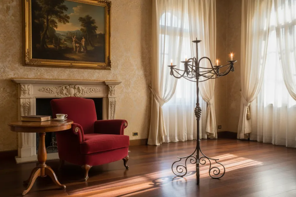 Lampadaire en Fer Forgé Style Art Nouveau – Fin XIXe / Début XXe Siècle