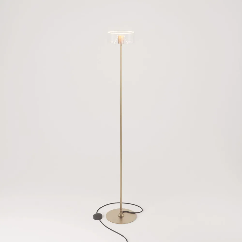 Lampadaire MAG-Y avec base métallique ronde et ampoule Ghost transparente - Bronze satiné