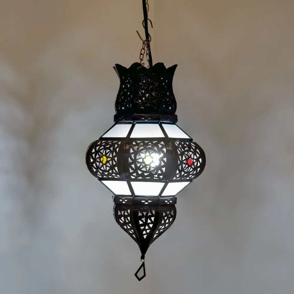 Lampe Arabe en Verre Opaque et Fer Forgé A8 45x25