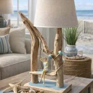 🌊 Lampe artisanale en bois flotté – Baigneuse rétro bleu ciel sur balançoire (Pièce unique)