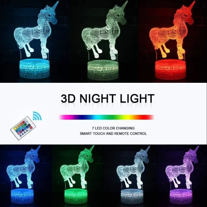 TD® Lampe en 3D avec illusions Optiques, en forme de Licorne LED - Veilleuse Lampe de Table multi-couleurs-lampe de chevet