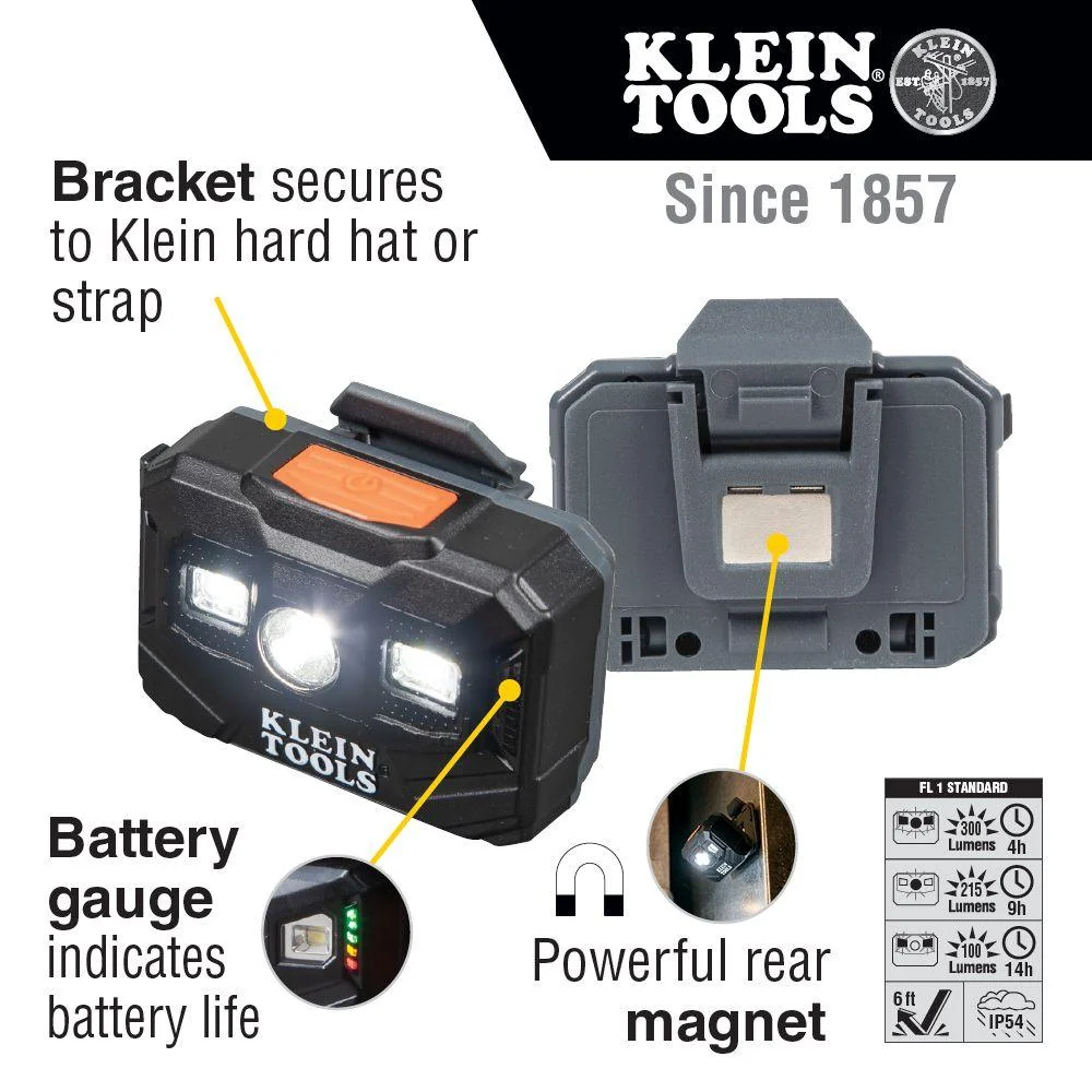 Lampe frontale et lampe de travail rechargeable Klein Tools, 300 lumens, autonomie toute la journée, modèle 56062