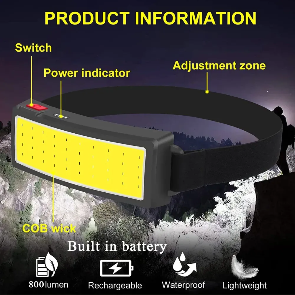 Lampe Frontale LED COB Rechargeable – 3 Modes 800 Lumens