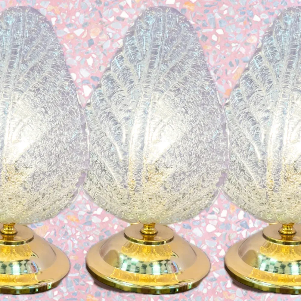 Lampe laiton & feuille en verre texturé – Années 80