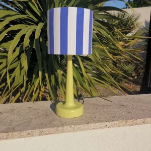 Lampe pied bois vert anis abat-jour RAYURES bleu marine
