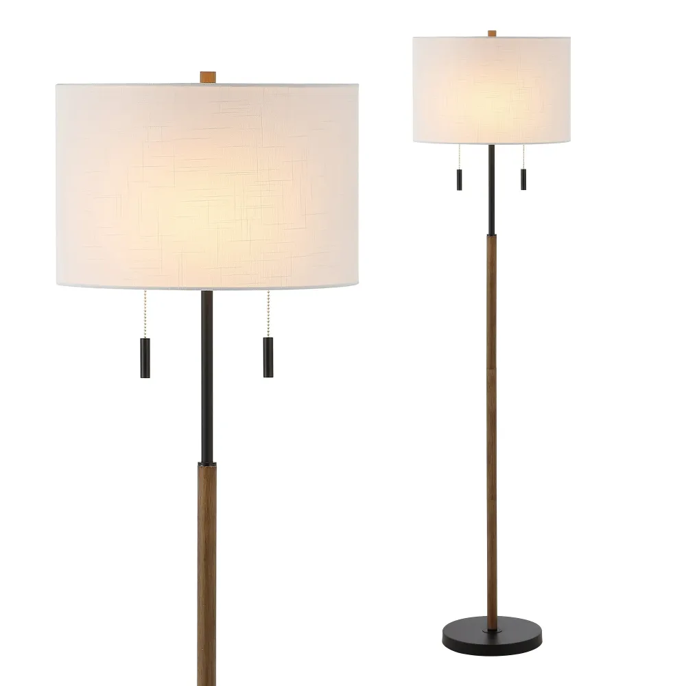 Lampe sur pied LED Koda 61 style rustique, en fer forgé, finition bois brun/noir, par JONATHAN Y
