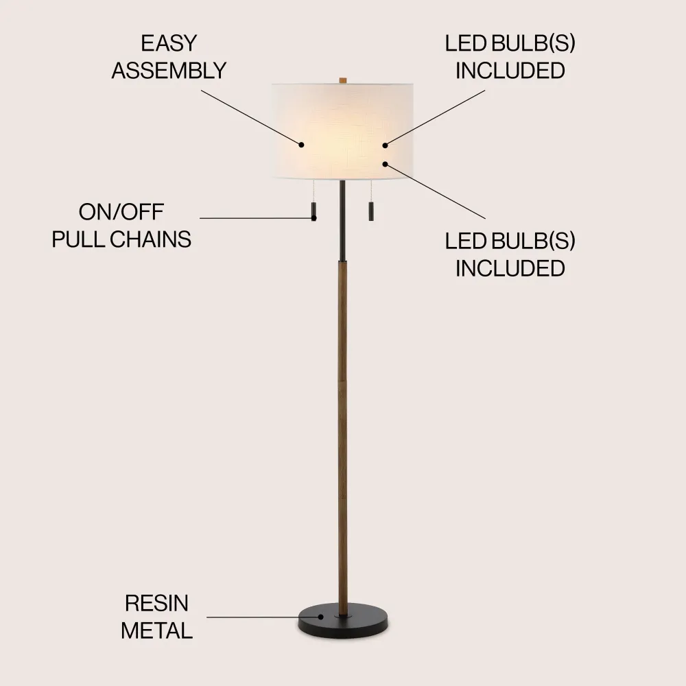 Lampe sur pied LED Koda 61 style rustique, en fer forgé, finition bois brun/noir, par JONATHAN Y