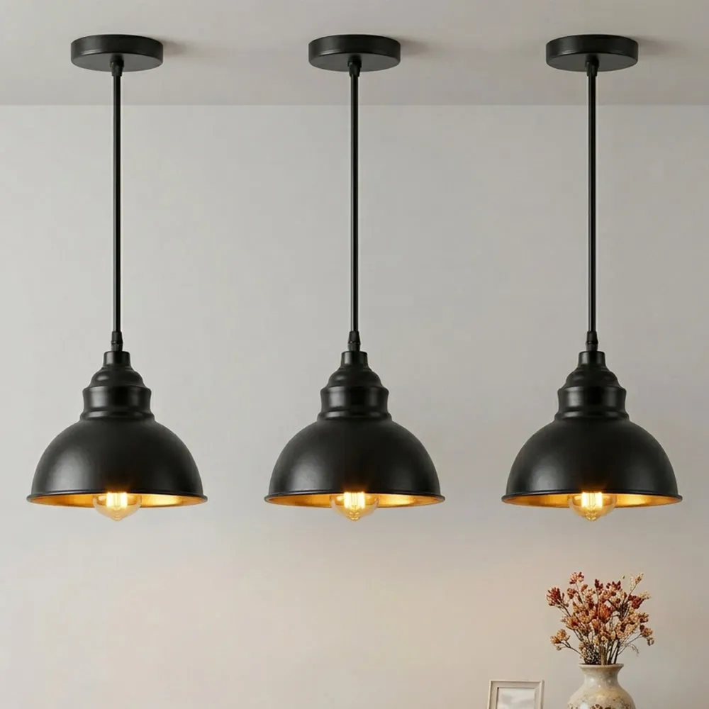 Lampe suspension industrielle noire E27 abat-jour intérieur doré ~2101