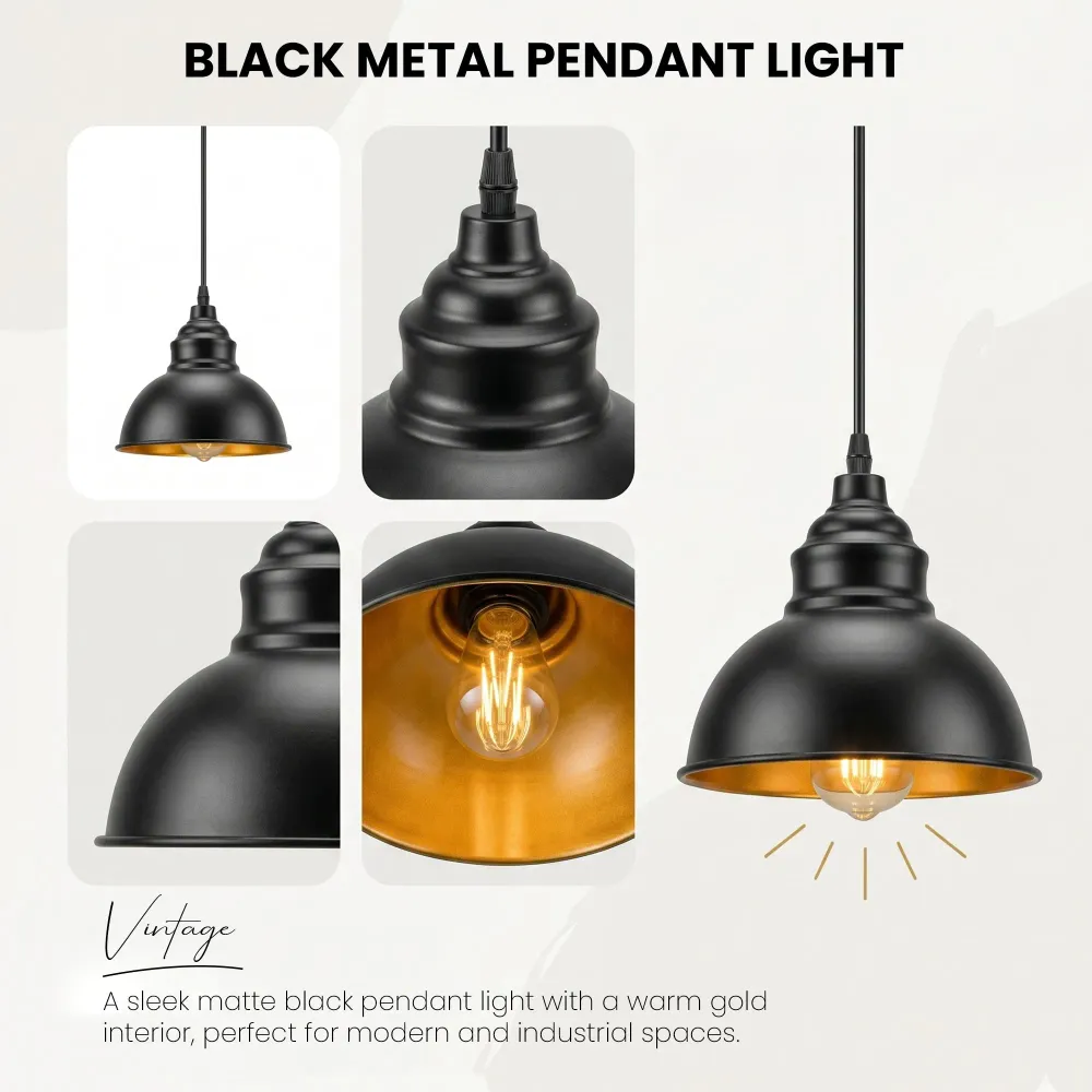 Lampe suspension industrielle noire E27 abat-jour intérieur doré ~2101