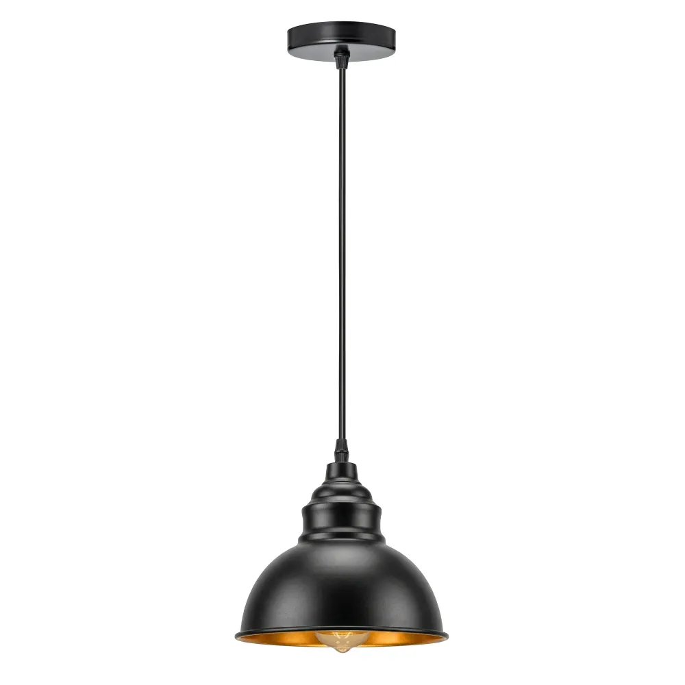 Lampe suspension industrielle noire E27 abat-jour intérieur doré ~2101