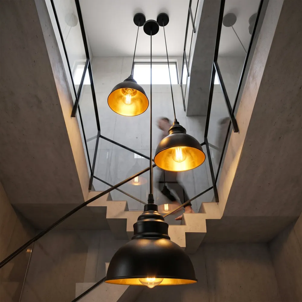 Lampe suspension industrielle noire E27 abat-jour intérieur doré ~2101