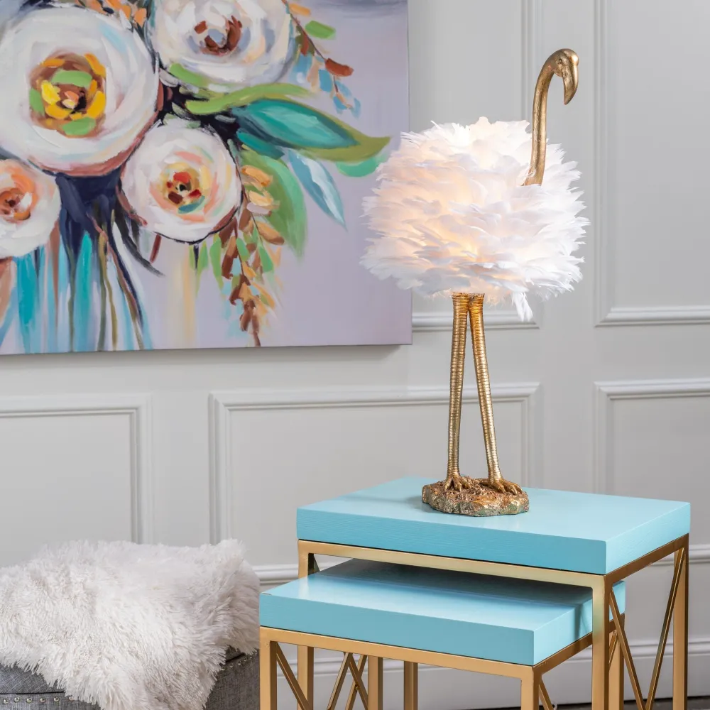 Lampe de table Flamingo - Blanche et dorée - 30,5 cm H - 30 cm H x 19 cm L x 14 cm P