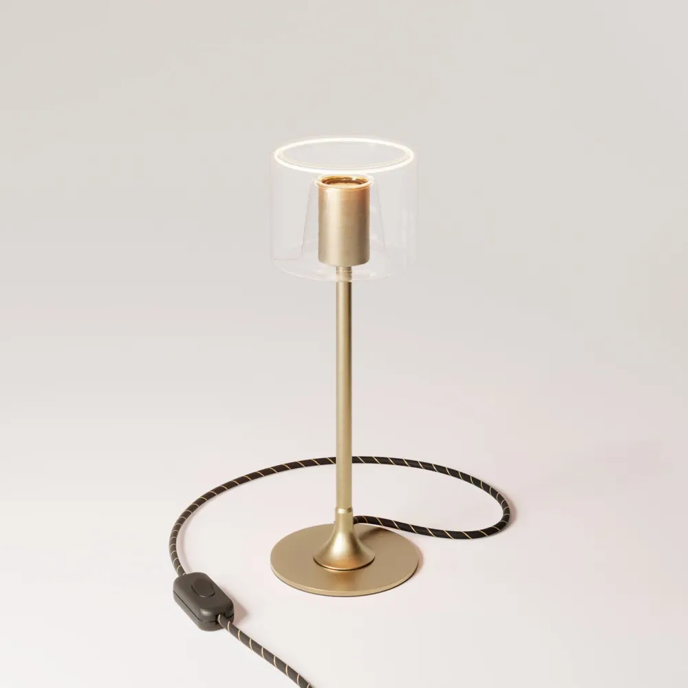 Lampe de table MAG-Y avec base métallique ronde et ampoule Ghost transparente - Bronze satiné