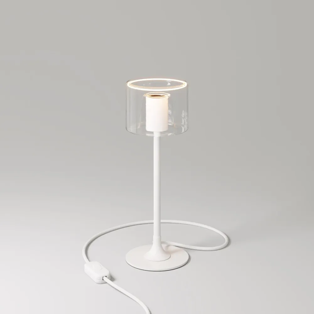 Lampe de table MAG-Y avec base ronde en métal et ampoule Ghost G03 transparente - Blanc mat