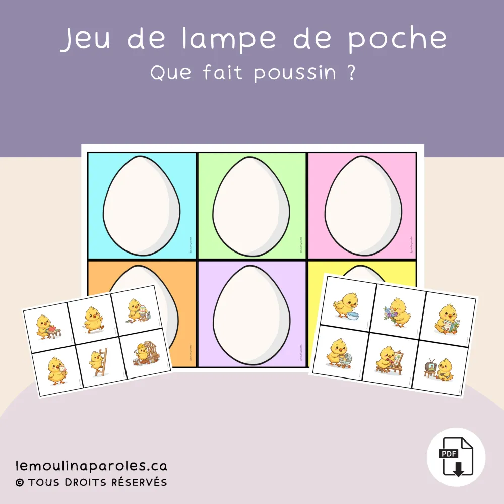 Jeu de lampe de poche - Phrases complètes - Que fait le poussin ? Le Moulin à Paroles