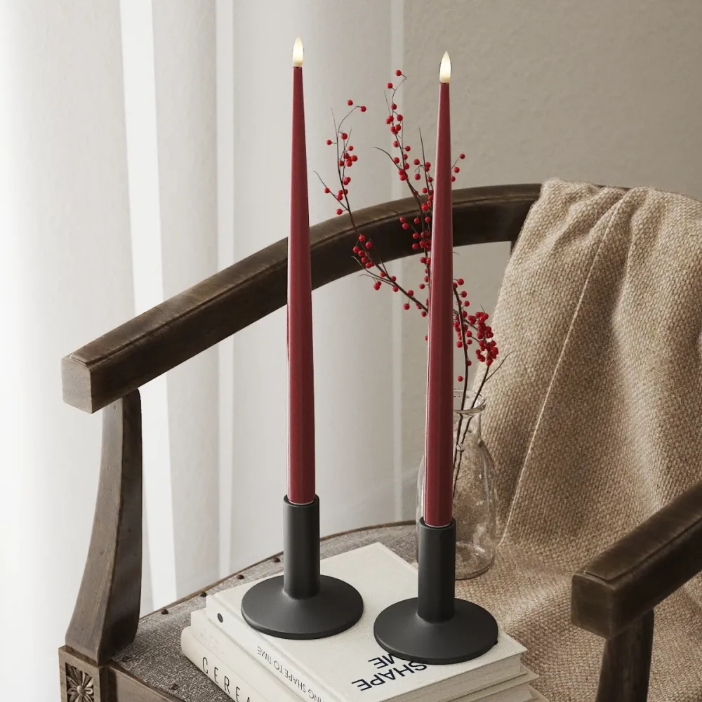 LED Bougie effilée avec vernis, 2 pièces (38 cm) Bordeaux