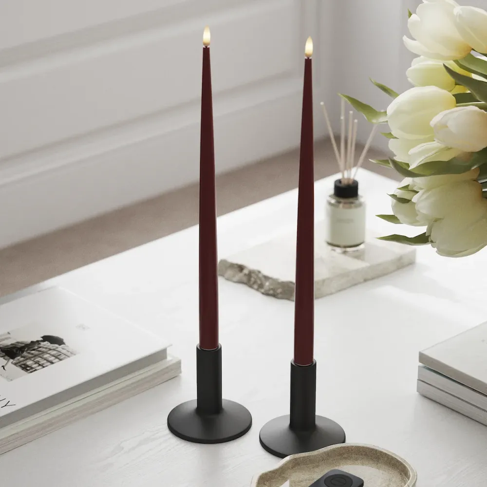 LED Bougie effilée avec vernis, 2 pièces (38 cm) Bordeaux