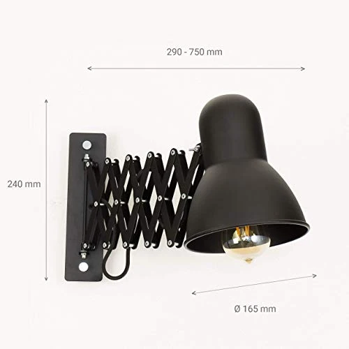 Lampe murale à enfiler Noir uni Métal E27 style loft Liseuse Lampe de Lecture Applique murale Bureau Licht-Erlebnisse