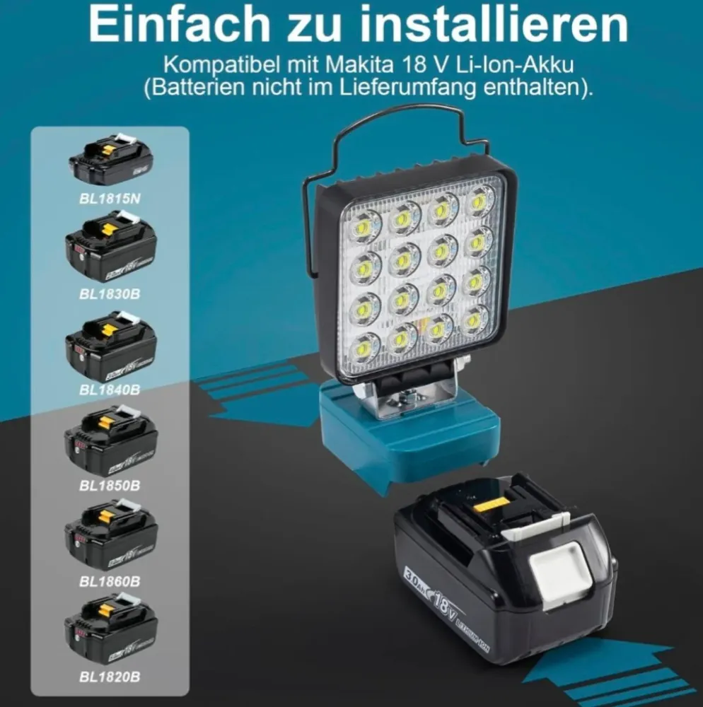 Lot de 20 lampes de travail LED sans fil compatibles avec Makita 18 V, 48 W, 4 800 lm