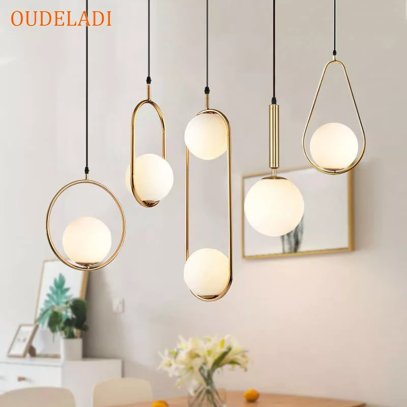 Boule de verre nordique suspension lumières Vintage cerceau or moderne LED suspension lampe pour salon maison Loft décor i...