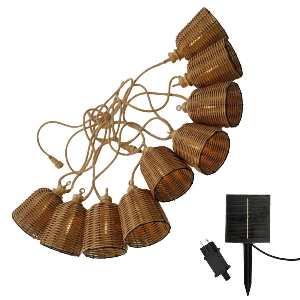Guirlande lumineuse extérieur raccordable 10 abat-jour en poly rotin FORMENTERA BIG HYBRID blanc chaud 8m solaire et sur s...