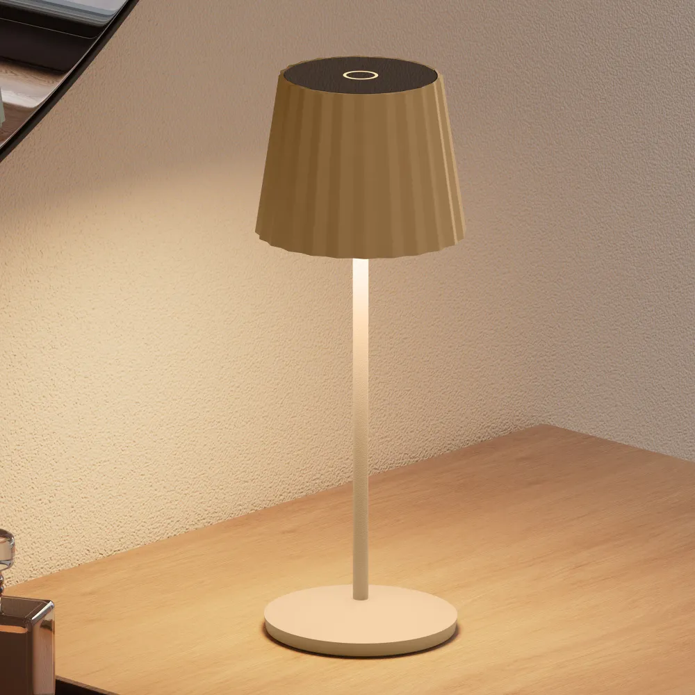 Lampe de table touch sans fil en aluminium beige LED ABBY CREAM blanc dimmable H29cm Lumisky
